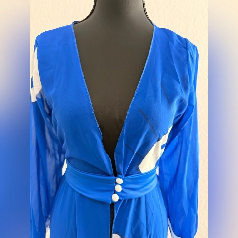 V-Neck Deep Blue Sheer Evil Eye Maxi Cover-Up Long Sleeve Ruched Cuffs Lace Bow